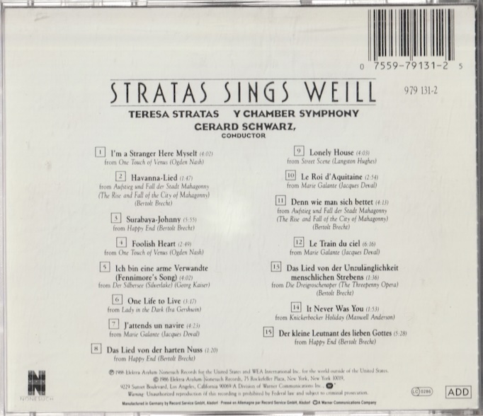 Stradikas Rite Stratakis / Y Chamber Symphony /Schwarz: Stratas Sings Weill CD (Käyt ...