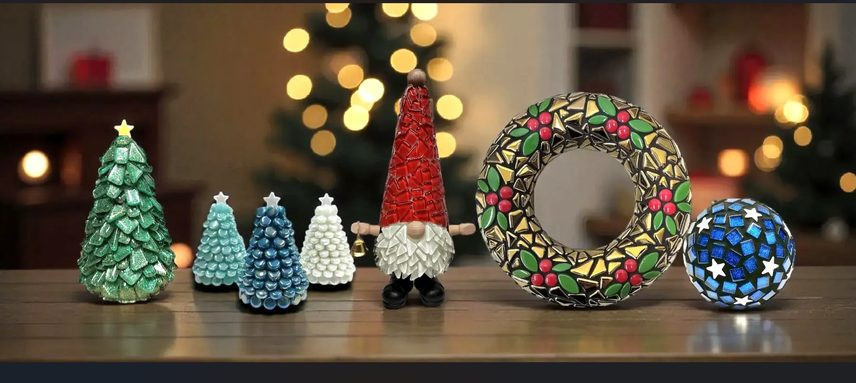 Christmas mosaic crafts – trees, gnome, wreath and decorative ball