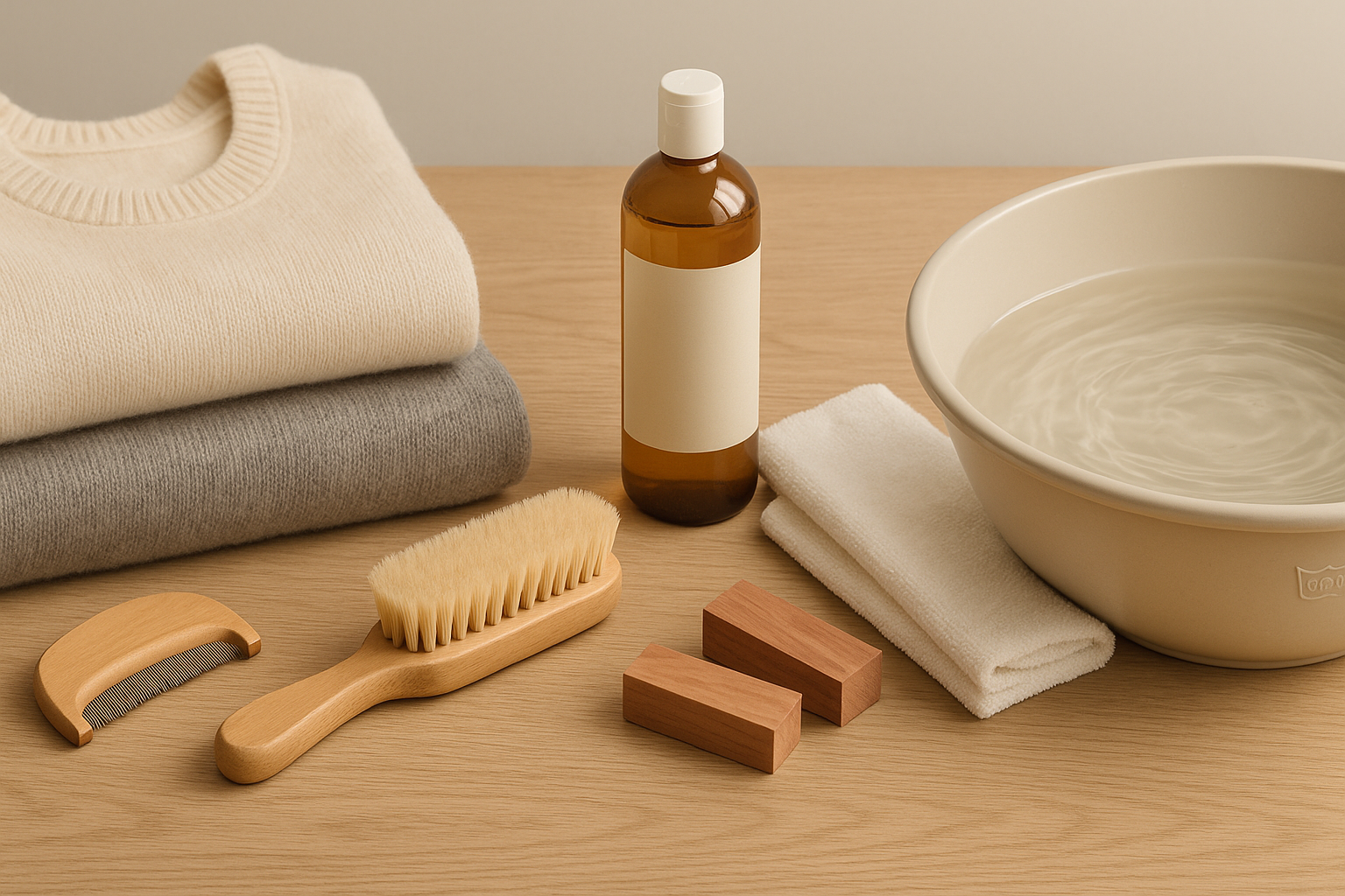 Villavaatteiden hoito – skandinaavinen flatlay: neuleet, villakampa, harja, lanoliinipesu, setripalat ja pesuvati pehmeässä luonnonvalossa.